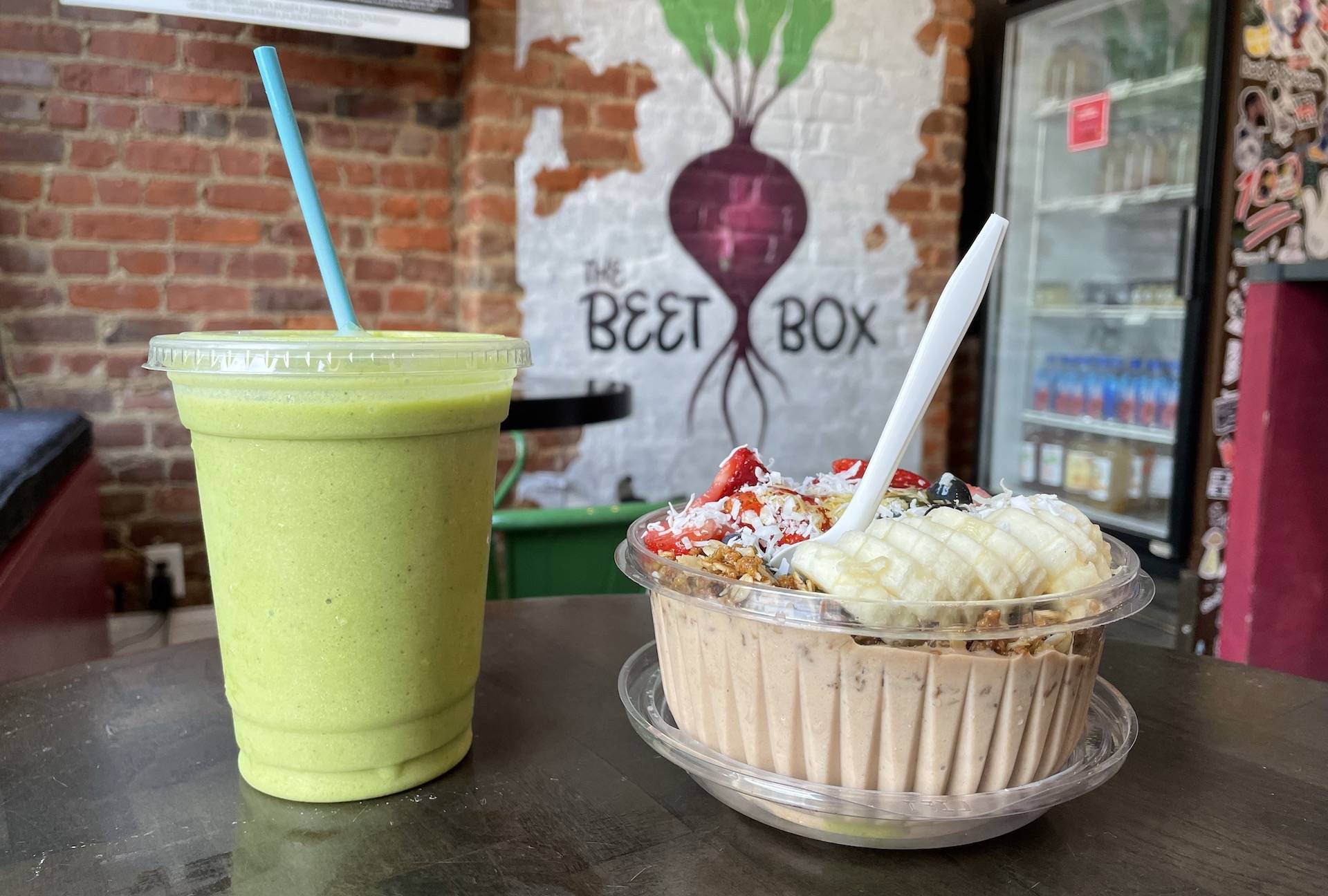 One of those little takeout meals nearby! Açaí bowl and a veggie smoothie during a bike ride.